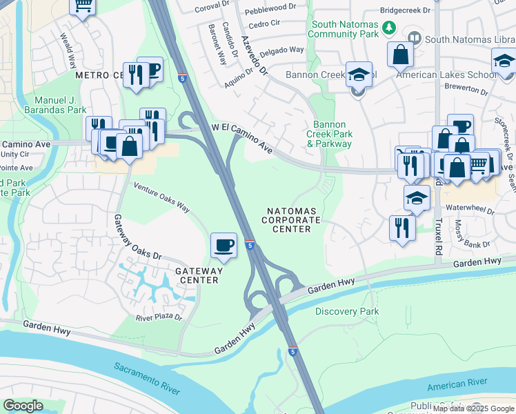 map of restaurants, bars, coffee shops, grocery stores, and more near 2545 Natomas Park Drive in Sacramento