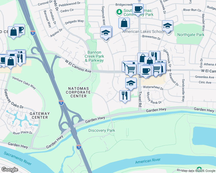 map of restaurants, bars, coffee shops, grocery stores, and more near 2593 Millcreek Drive in Sacramento