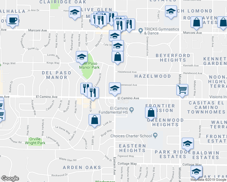 map of restaurants, bars, coffee shops, grocery stores, and more near 2533 Eastern Avenue in Sacramento