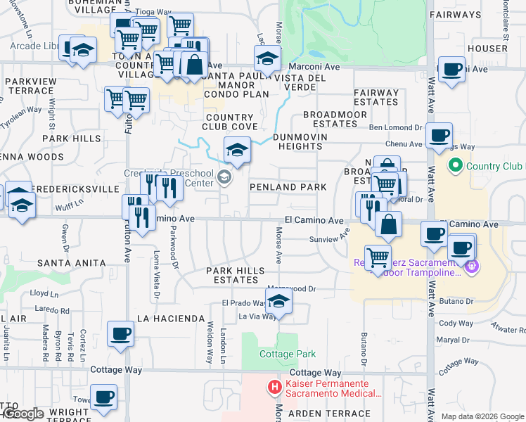map of restaurants, bars, coffee shops, grocery stores, and more near 3005 Jonalan Drive in Sacramento