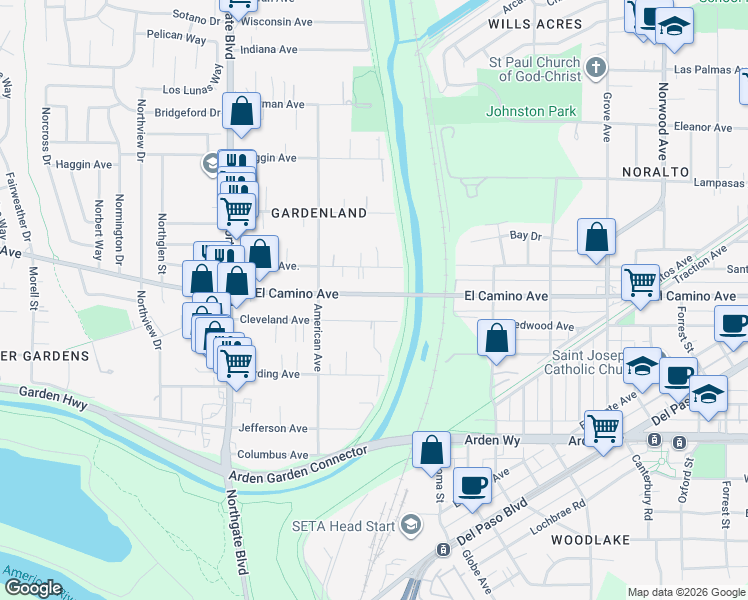 map of restaurants, bars, coffee shops, grocery stores, and more near 301 West El Camino Avenue in Sacramento