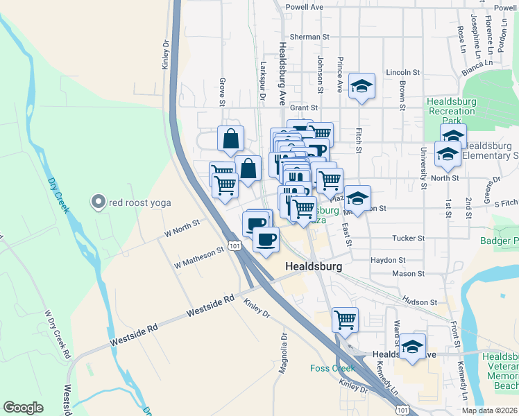 map of restaurants, bars, coffee shops, grocery stores, and more near in Healdsburg