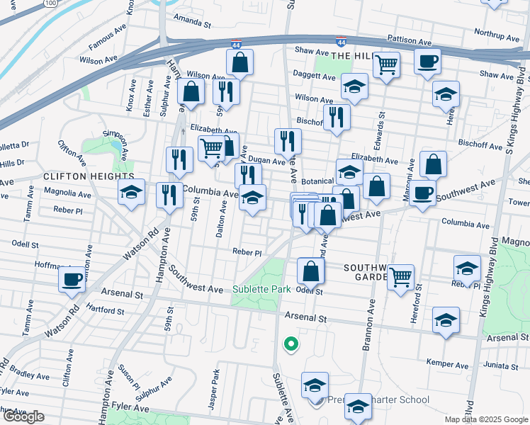 map of restaurants, bars, coffee shops, grocery stores, and more near 5610 Columbia Avenue in St. Louis