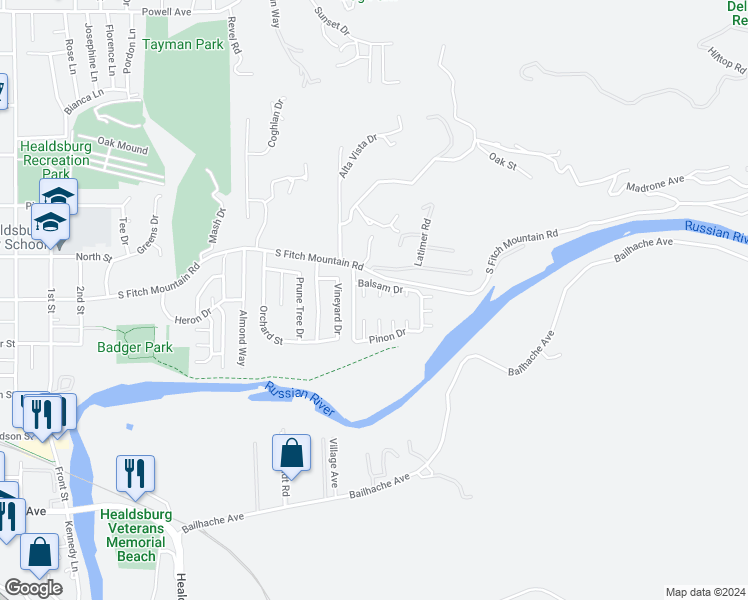 map of restaurants, bars, coffee shops, grocery stores, and more near 309 Olive Circle in Healdsburg