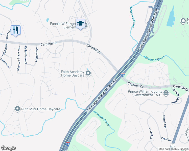 map of restaurants, bars, coffee shops, grocery stores, and more near 3231 Fledgling Circle in Woodbridge
