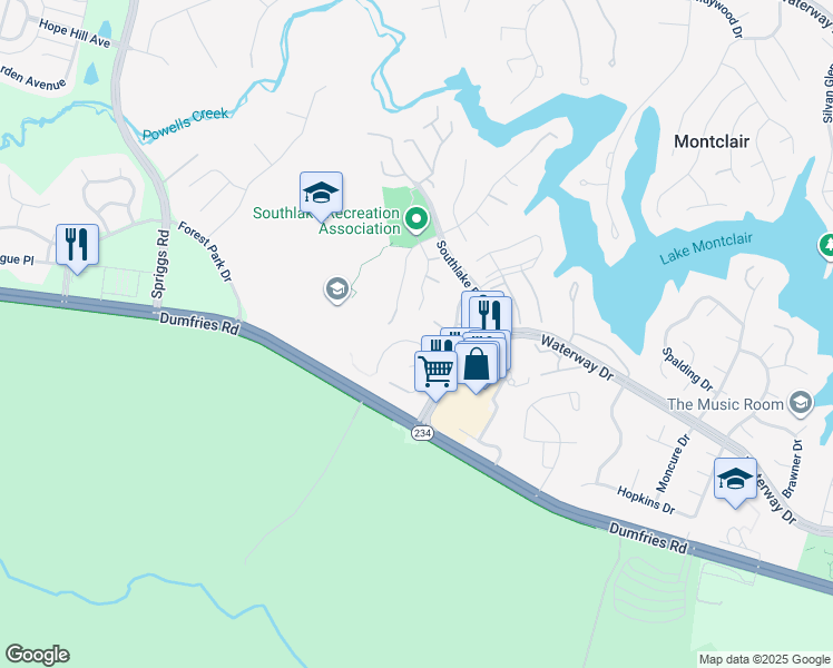 map of restaurants, bars, coffee shops, grocery stores, and more near 5118 Olivia Way in Dumfries