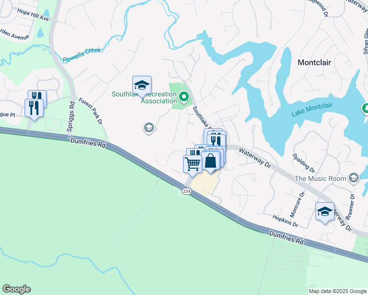 map of restaurants, bars, coffee shops, grocery stores, and more near 5118 Olivia Way in Dumfries