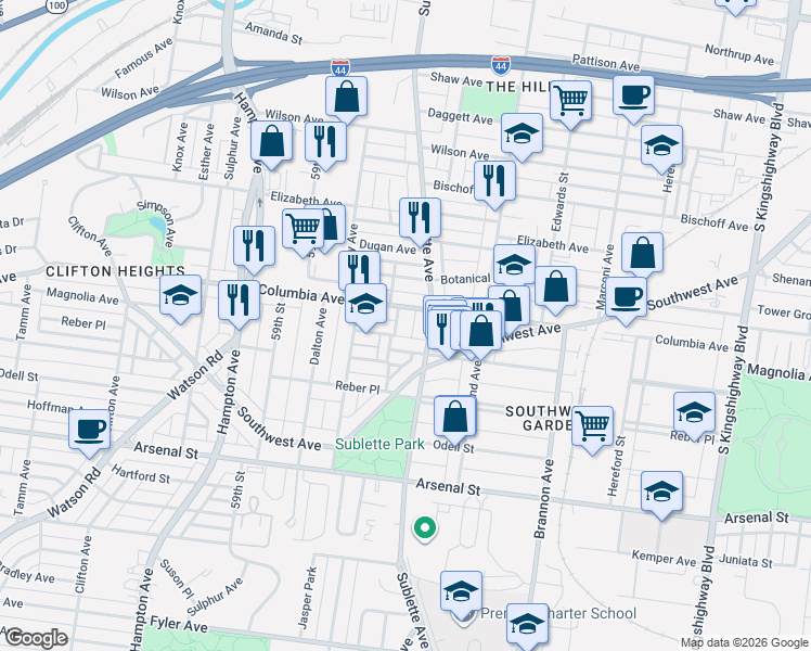 map of restaurants, bars, coffee shops, grocery stores, and more near 5610 Columbia Avenue in St. Louis
