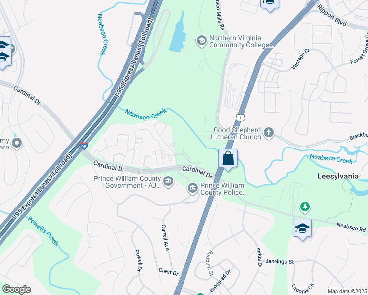 map of restaurants, bars, coffee shops, grocery stores, and more near 15762 Norris Point Way in Woodbridge