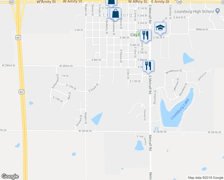 map of restaurants, bars, coffee shops, grocery stores, and more near 1200 South Broadway Street in Louisburg