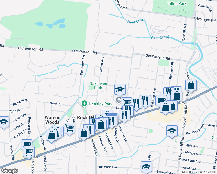 map of restaurants, bars, coffee shops, grocery stores, and more near 9835 Oak Haven Avenue in St. Louis