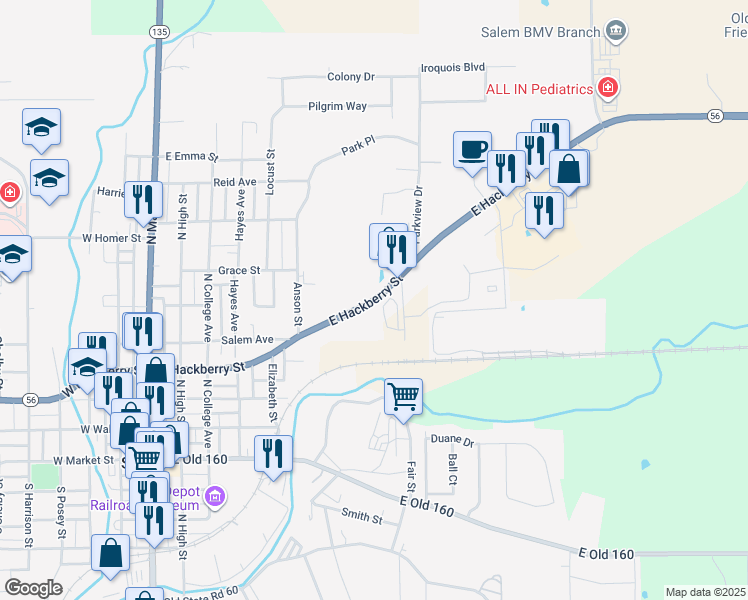 map of restaurants, bars, coffee shops, grocery stores, and more near 978 East Hackberry Street in Salem