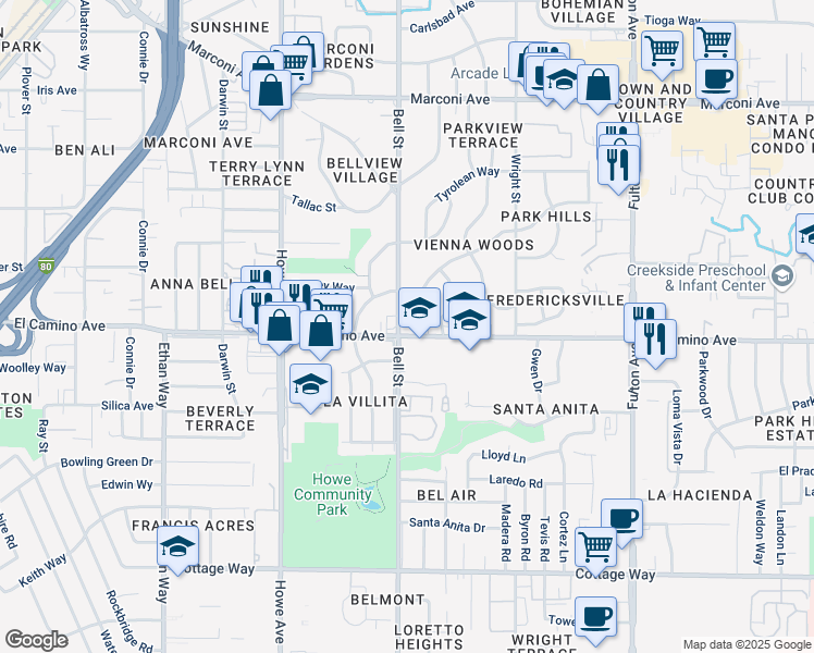 map of restaurants, bars, coffee shops, grocery stores, and more near 2530 Bell Street in Sacramento