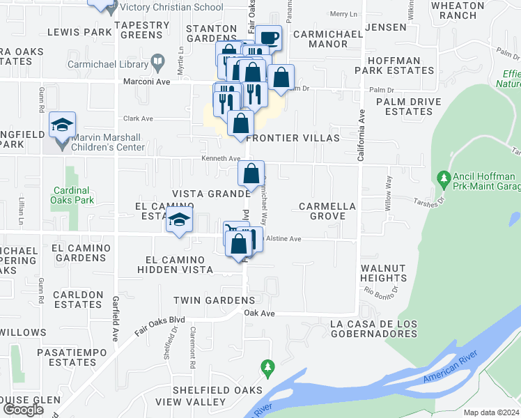 map of restaurants, bars, coffee shops, grocery stores, and more near 2610 Carmichael Way in Carmichael