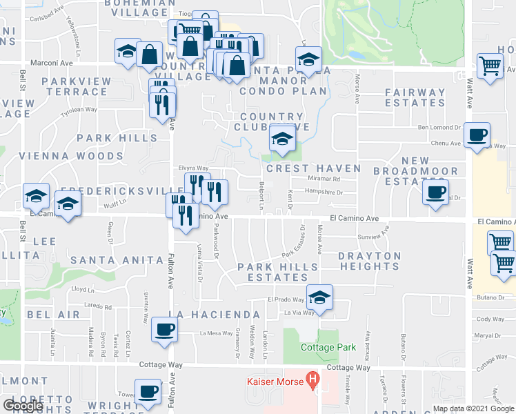 map of restaurants, bars, coffee shops, grocery stores, and more near 2842 Sweet Way in Sacramento