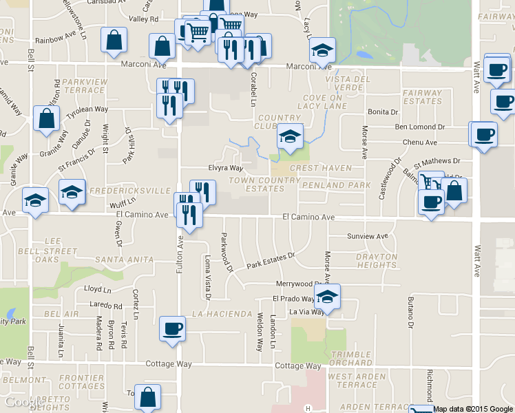 map of restaurants, bars, coffee shops, grocery stores, and more near 2842 Sweet Way in Sacramento