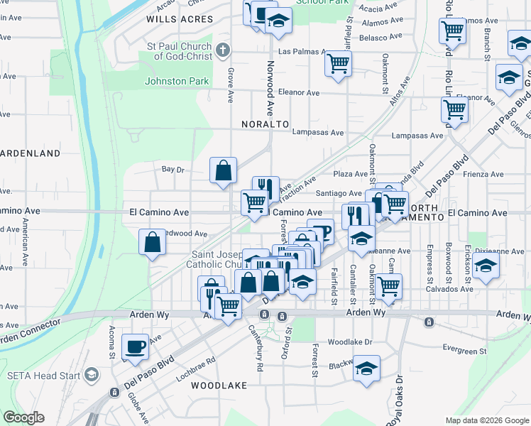 map of restaurants, bars, coffee shops, grocery stores, and more near 2500 Hawthorne Street in Sacramento