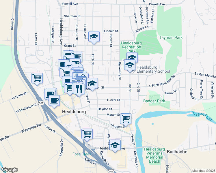 map of restaurants, bars, coffee shops, grocery stores, and more near 401 Matheson Street in Healdsburg