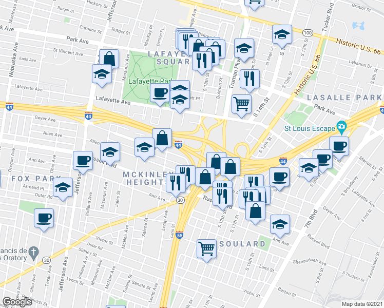 map of restaurants, bars, coffee shops, grocery stores, and more near 1801 South 18th Street in St. Louis