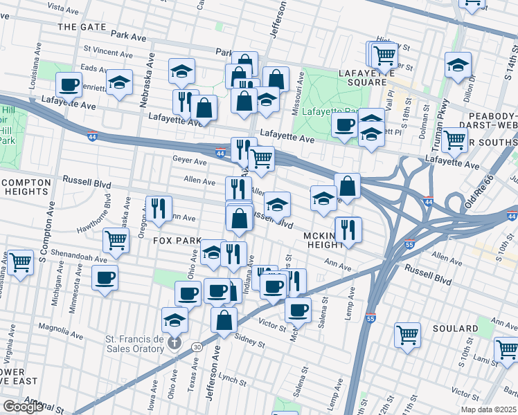 map of restaurants, bars, coffee shops, grocery stores, and more near 2316 Allen Avenue in St. Louis
