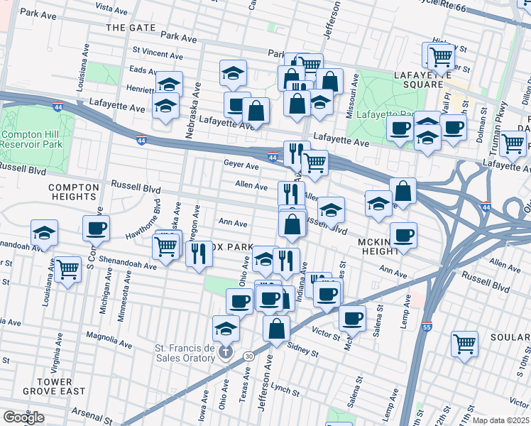 map of restaurants, bars, coffee shops, grocery stores, and more near 2647 Russell Boulevard in St. Louis