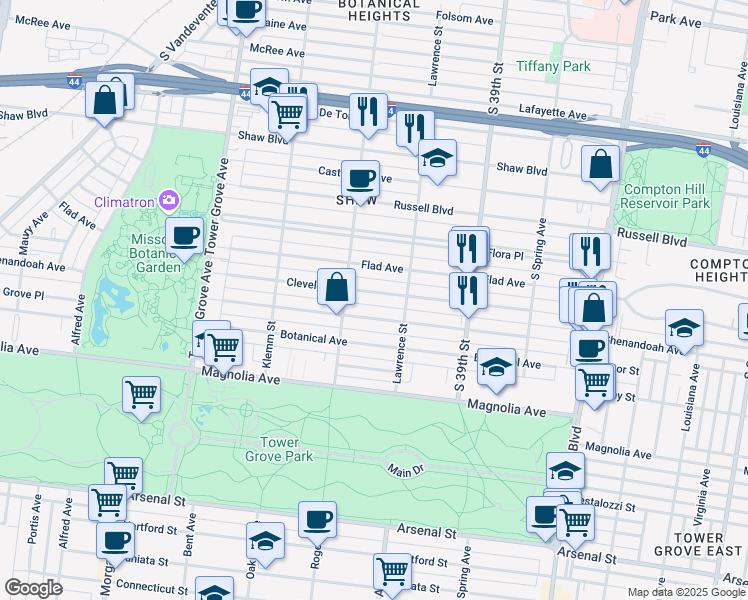 map of restaurants, bars, coffee shops, grocery stores, and more near 4049 Cleveland Avenue in St. Louis