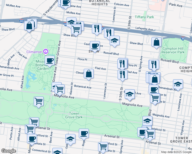 map of restaurants, bars, coffee shops, grocery stores, and more near 4049 Cleveland Avenue in St. Louis