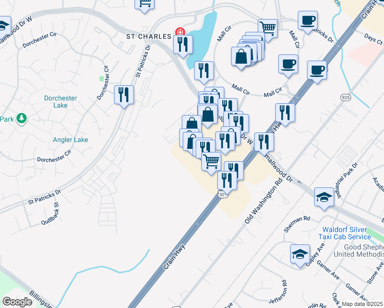 map of restaurants, bars, coffee shops, grocery stores, and more near 1230 Smallwood Drive West in Waldorf