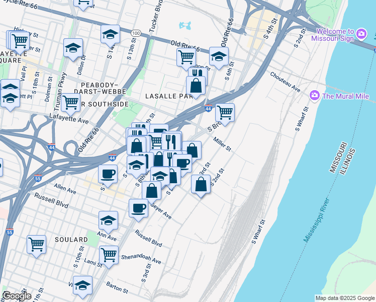 map of restaurants, bars, coffee shops, grocery stores, and more near 1506 7th Boulevard in St. Louis