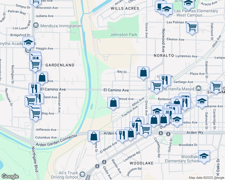 map of restaurants, bars, coffee shops, grocery stores, and more near El Camino Avenue & Colfax Street in Sacramento