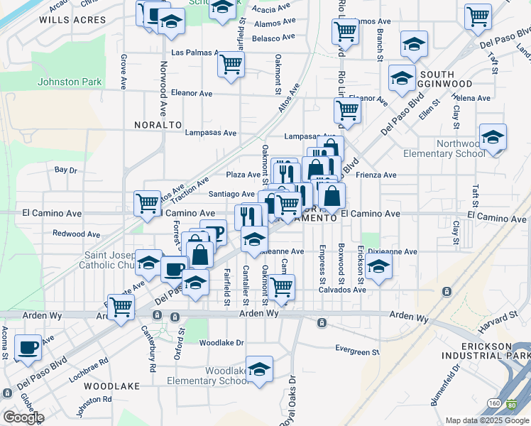 map of restaurants, bars, coffee shops, grocery stores, and more near Rio Linda Blvd & E El Camino Ave in Sacramento