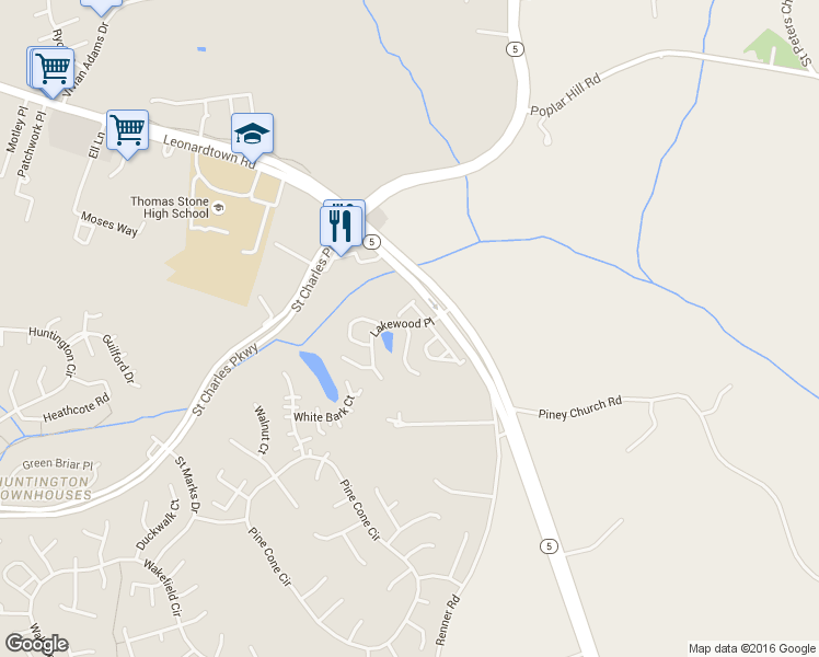 map of restaurants, bars, coffee shops, grocery stores, and more near 12607 Willowview Place in Waldorf