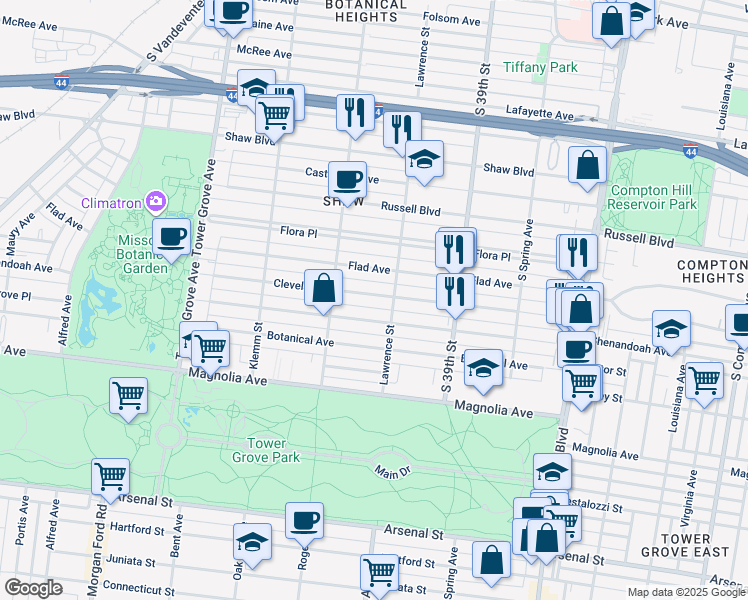 map of restaurants, bars, coffee shops, grocery stores, and more near 4020 Cleveland Avenue in St. Louis