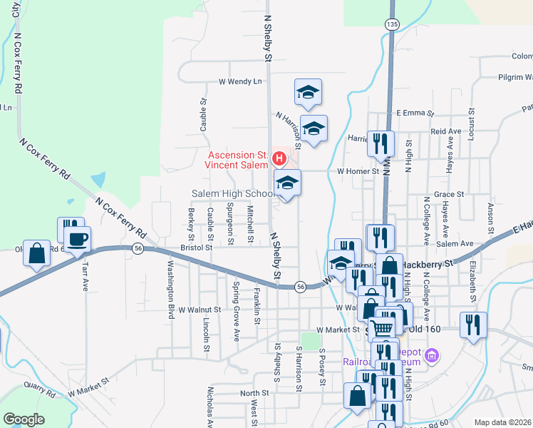 map of restaurants, bars, coffee shops, grocery stores, and more near 606 North Shelby Street in Salem