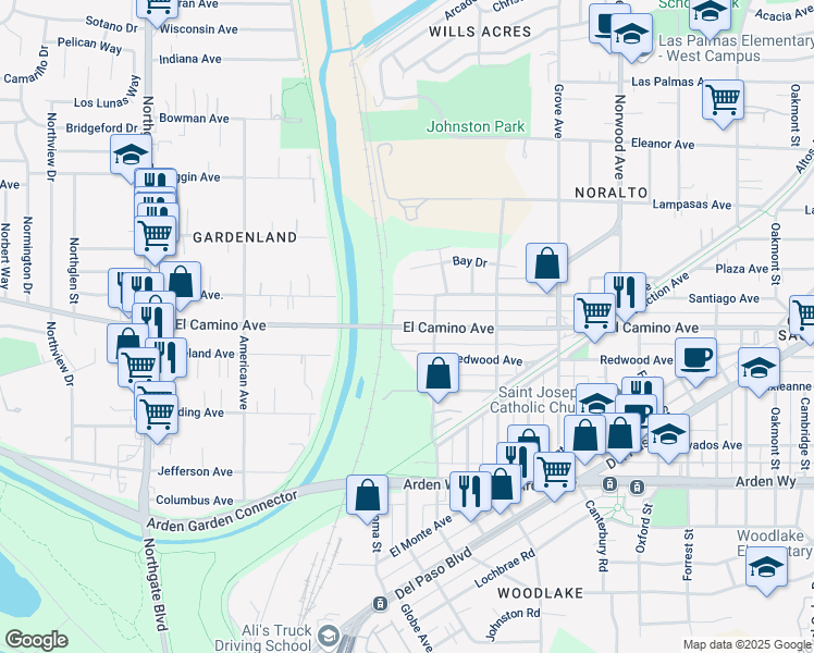 map of restaurants, bars, coffee shops, grocery stores, and more near 31 El Camino Avenue in Sacramento