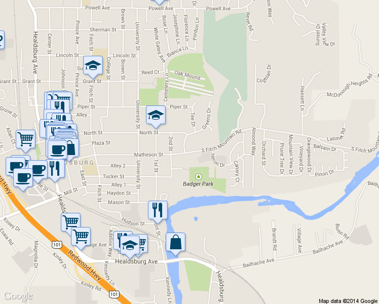 map of restaurants, bars, coffee shops, grocery stores, and more near 661 South Fitch Mountain Road in Healdsburg