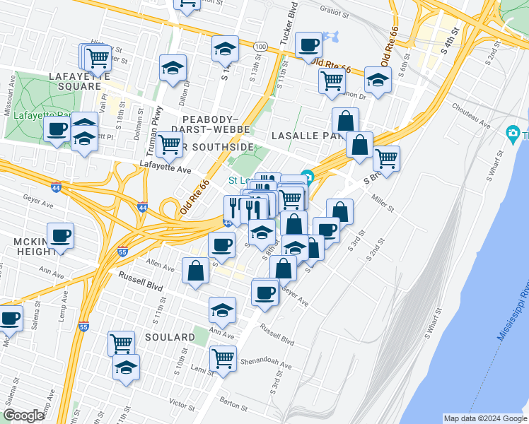 map of restaurants, bars, coffee shops, grocery stores, and more near 1611 South 9th Street in St. Louis