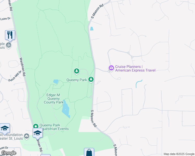 map of restaurants, bars, coffee shops, grocery stores, and more near 1632 South Mason Road in St. Louis
