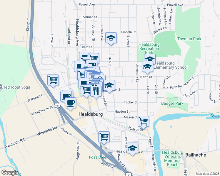 map of restaurants, bars, coffee shops, grocery stores, and more near 221 Matheson Street in Healdsburg