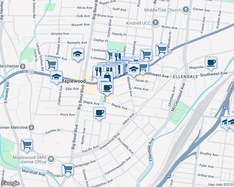 map of restaurants, bars, coffee shops, grocery stores, and more near 7333 Myrtle Avenue in Maplewood