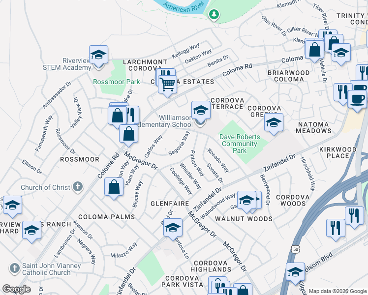 map of restaurants, bars, coffee shops, grocery stores, and more near 10766 Segovia Way in Rancho Cordova