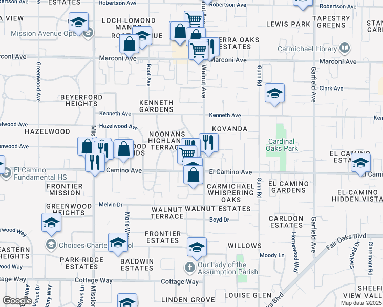 map of restaurants, bars, coffee shops, grocery stores, and more near 2551 Rose Court in Carmichael