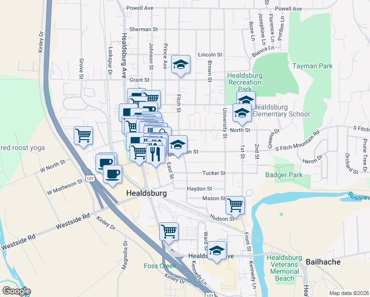 map of restaurants, bars, coffee shops, grocery stores, and more near 314 Plaza Street in Healdsburg