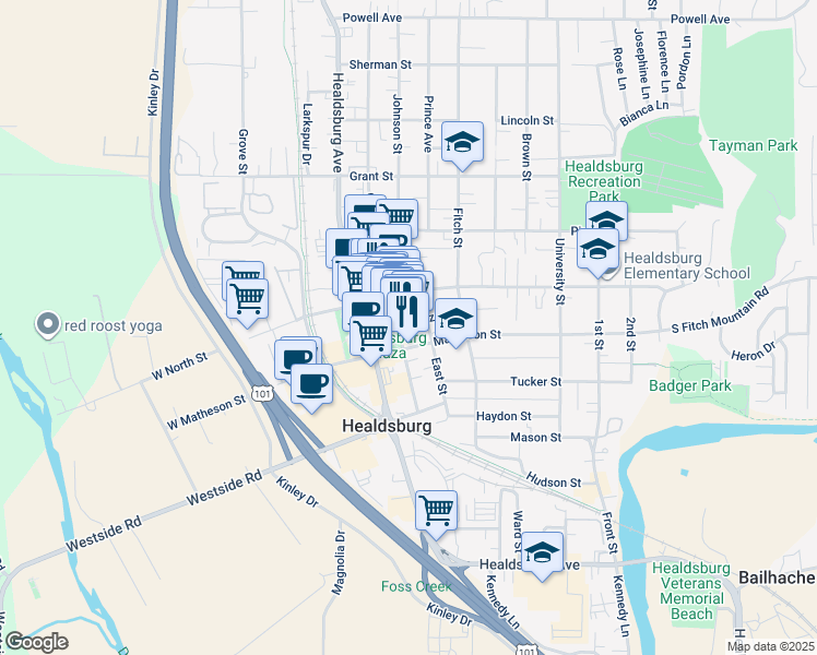 map of restaurants, bars, coffee shops, grocery stores, and more near 133 Matheson Street in Healdsburg