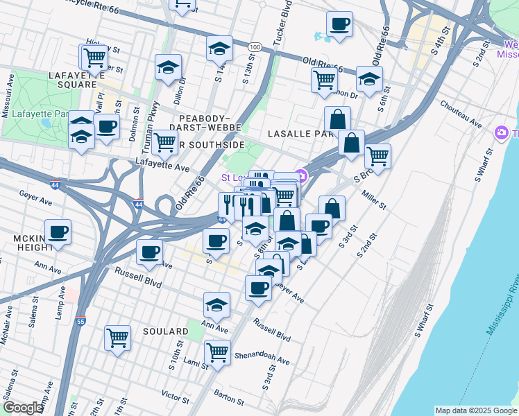 map of restaurants, bars, coffee shops, grocery stores, and more near 1611 South 9th Street in St. Louis