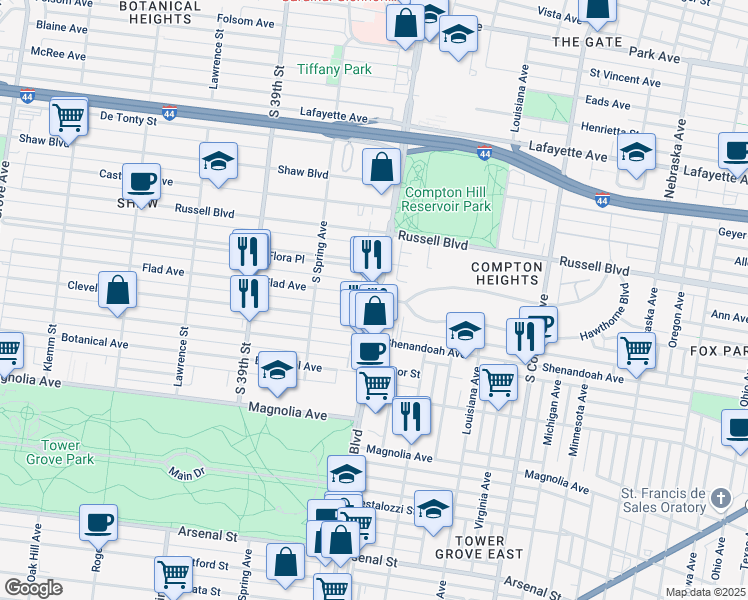 map of restaurants, bars, coffee shops, grocery stores, and more near 3555 Longfellow Boulevard in St. Louis