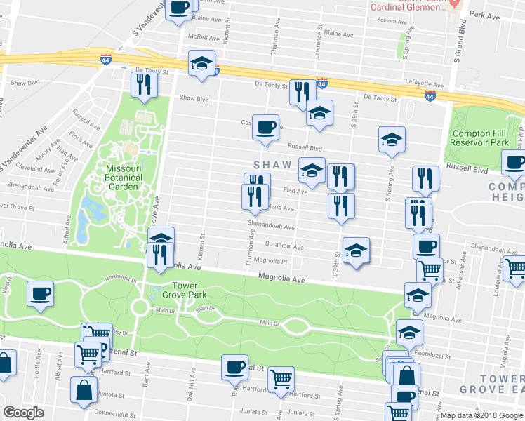 map of restaurants, bars, coffee shops, grocery stores, and more near 4049 Cleveland Avenue in St. Louis