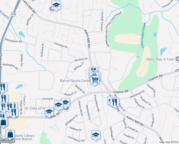 map of restaurants, bars, coffee shops, grocery stores, and more near 922 Claytonbrook Drive in Ballwin