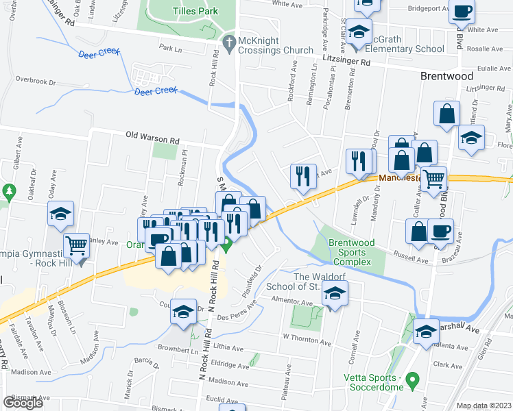 map of restaurants, bars, coffee shops, grocery stores, and more near 1012 Raritan Drive in St. Louis