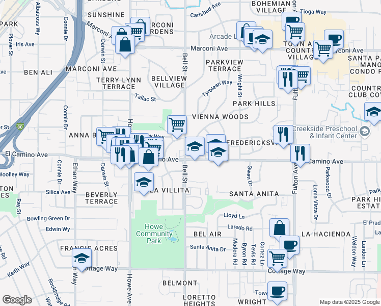 map of restaurants, bars, coffee shops, grocery stores, and more near 2530 Bell Street in Sacramento